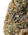 Close up of a dense Mendo Crème cannabis bud featuring forest green leaves, dark purple undertones, and bright orange hairs, coated in a sparkling layer of white crystal trichomes 
