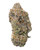 A dense Tropical Runtz cannabis bud displaying bright green and purple hues, orange pistils, and a heavy frost of crystalline trichomes