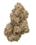 A dense, conical Bubblegum Gelato cannabis bud displaying dark forest green leaves, woven with long, fiery orange hairs, and coated in a frosty layer of crystal trichomes 