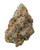 A dense Gummiez cannabis bud featuring bright green and deep purple hues with amber pistils and a layer of crystalline trichomes
