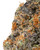 Close up of a dense Gummiez cannabis bud featuring bright green and deep purple hues with amber pistils and a layer of crystalline trichomes