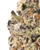 Close up of a dense Punch Breath cannabis bud, displaying light olive green and dark purple foliage intertwined with bright orange pistils and heavily coated in sparkling white crystal trichomes 
