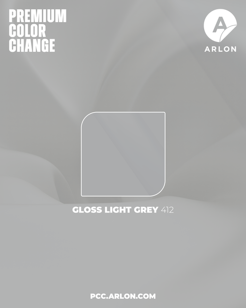 Arlon PCC 412, Gloss Light Grey wrap, light grey vinyl wrap, gloss grey car wrap, soft grey vehicle wrap, Arlon gloss vinyl wrap, FLITE Technology wrap film, premium cast grey wrap, modern grey car wrap, Arlon PCC grey vinyl, repositionable vinyl wrap, high gloss grey wrap, KGAAF Arlon PCC