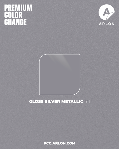 Arlon PCC #411 Gloss Silver Metallic vehicle wrap film featuring a brilliant silver metallic finish with high-gloss sheen, available at KGAAF