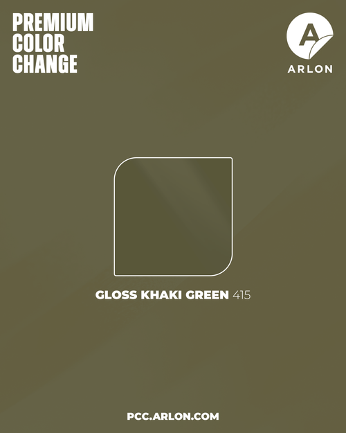 Arlon PCC #415 Gloss Khaki Green vehicle wrap film featuring a military-inspired gloss green finish, available at KGAAF