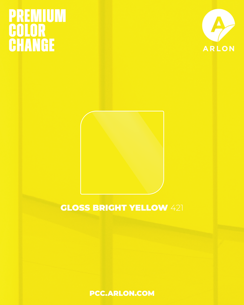 Arlon PCC #421 Gloss Bright Yellow vehicle wrap film featuring a vivid high-gloss yellow finish, available at KGAAF