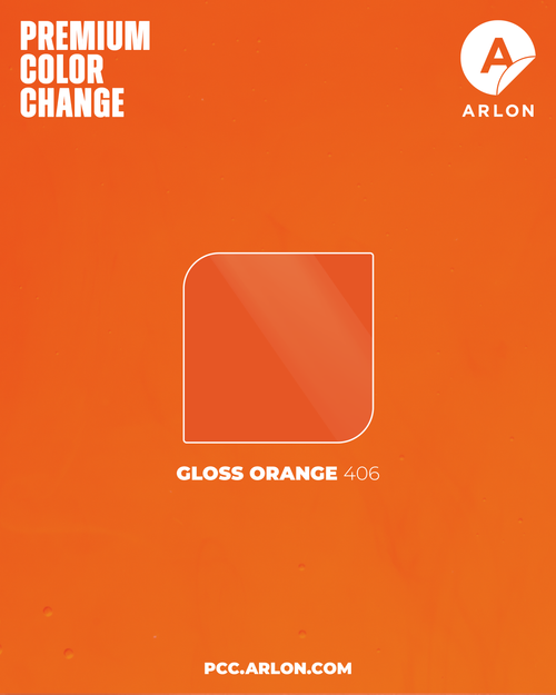 Arlon PCC #406 Gloss Orange vehicle wrap film featuring a vibrant high-gloss orange finish, available at KGAAF