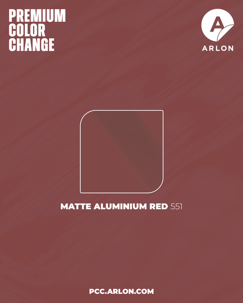 Arlon PCC #551 Matte Aluminium Red vehicle wrap film featuring a brushed aluminum texture with a deep matte red finish, available at KGAAF