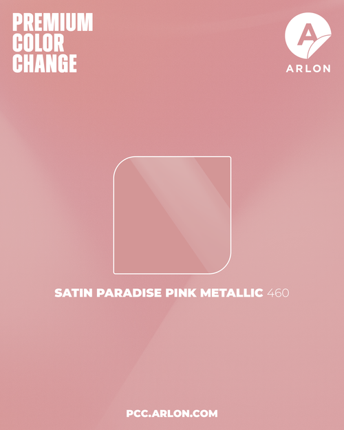 Arlon PCC #460 Satin Paradise Pink Metallic vehicle wrap film with a tropical metallic pink satin finish, available at KGAAF