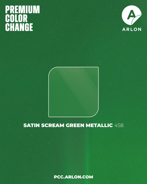 Arlon PCC #458 Satin Scream Green vehicle wrap film featuring a bold fluorescent green satin finish, available at KGAAF