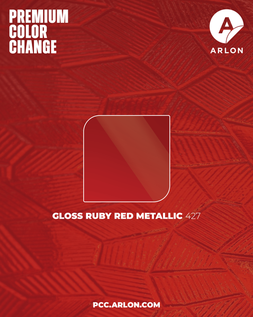 Arlon PCC #427 Gloss Ruby Red Metallic vehicle wrap film featuring a bold metallic red high-gloss finish, available at KGAAF