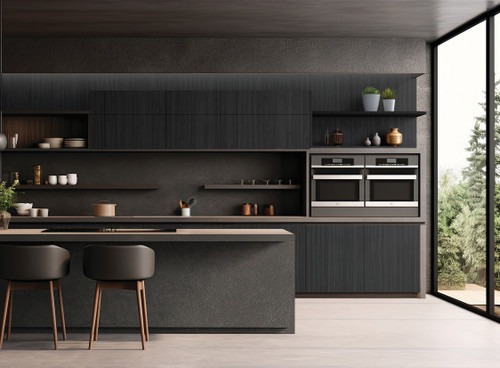 Deep rich black oak wood grain architectural film with embossed texture. Very dark tone for dramatic luxury kitchens, executive libraries, and masculine sophisticated interiors. Darkest wood tone available. Bold statement. 48"×164' roll. 10-year durability.