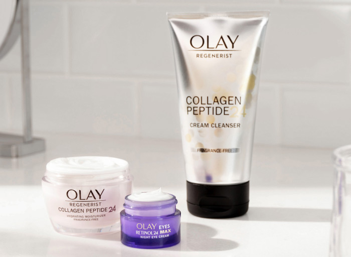 Olay Collagen Peptide 24 Face moisturizer, Olay Retinol24 Max 1.7 oz night eye cream and Olay Collagen peptide 24 cream cleanser.