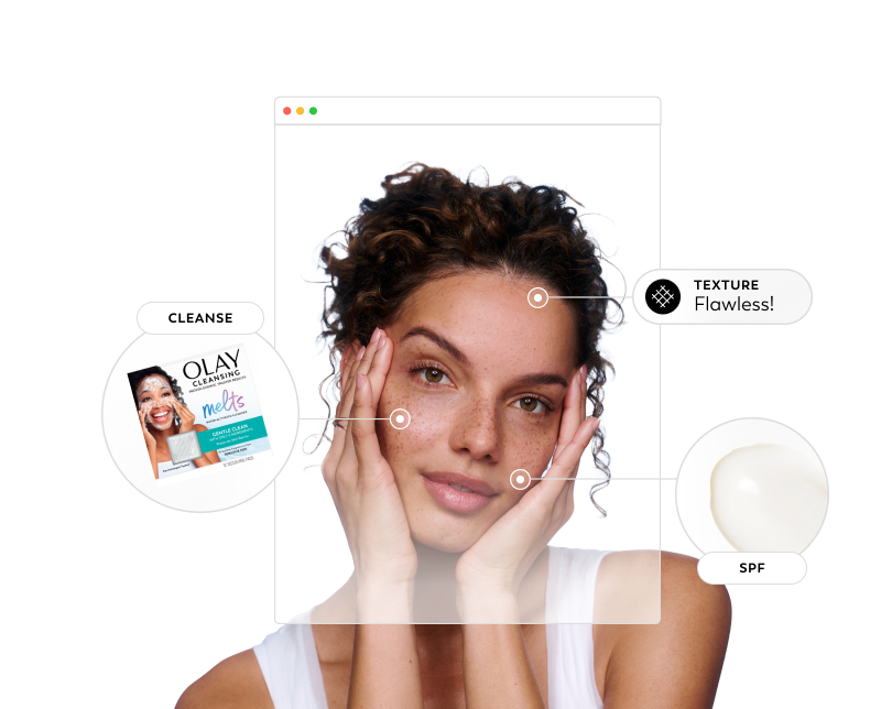 A promotional graphic for Olay's Skin Advisor, an AI-powered tool that analyzes skin to provide personalized skincare routines, featuring a woman’s face with digital scanning markers and product callouts for cleansing and SPF.