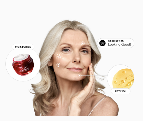 A promotional graphic for Olay's  'Skin Advisor,' an AI-powered tool that analyzes skin to provide personalized skincare routines, featuring a woman’s face with digital scanning markers and product callouts for treatment and Vitamin C for flawless-looking skin texture.