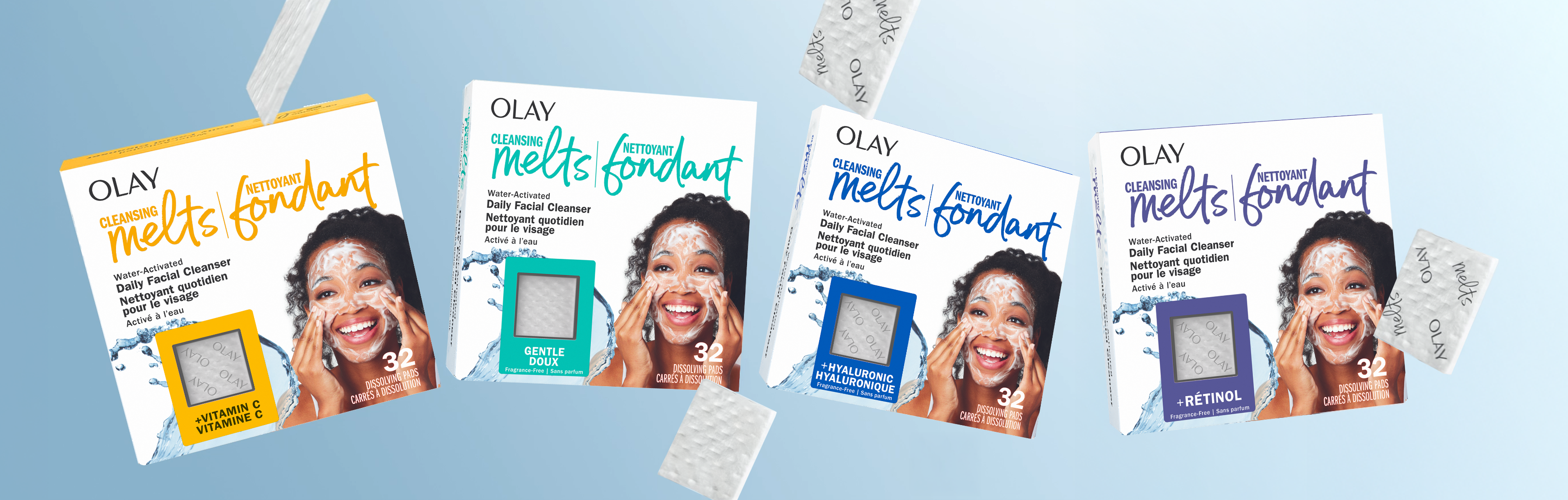 vidéo de trois paquets de produits fondants nettoyants Olay flottant