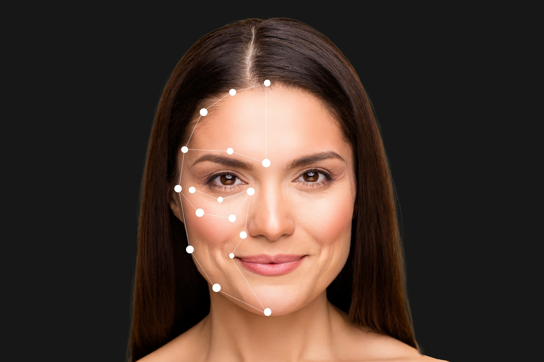 AI skin analysis technology mapping areas on a young woman’s face to assess skin condition and recommend personalized skincare solutions.