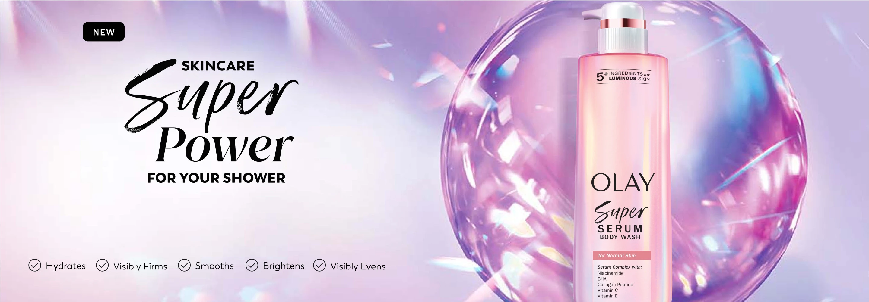 Olay Super Serum Body Wash bottle in front of a pearlescent bubble