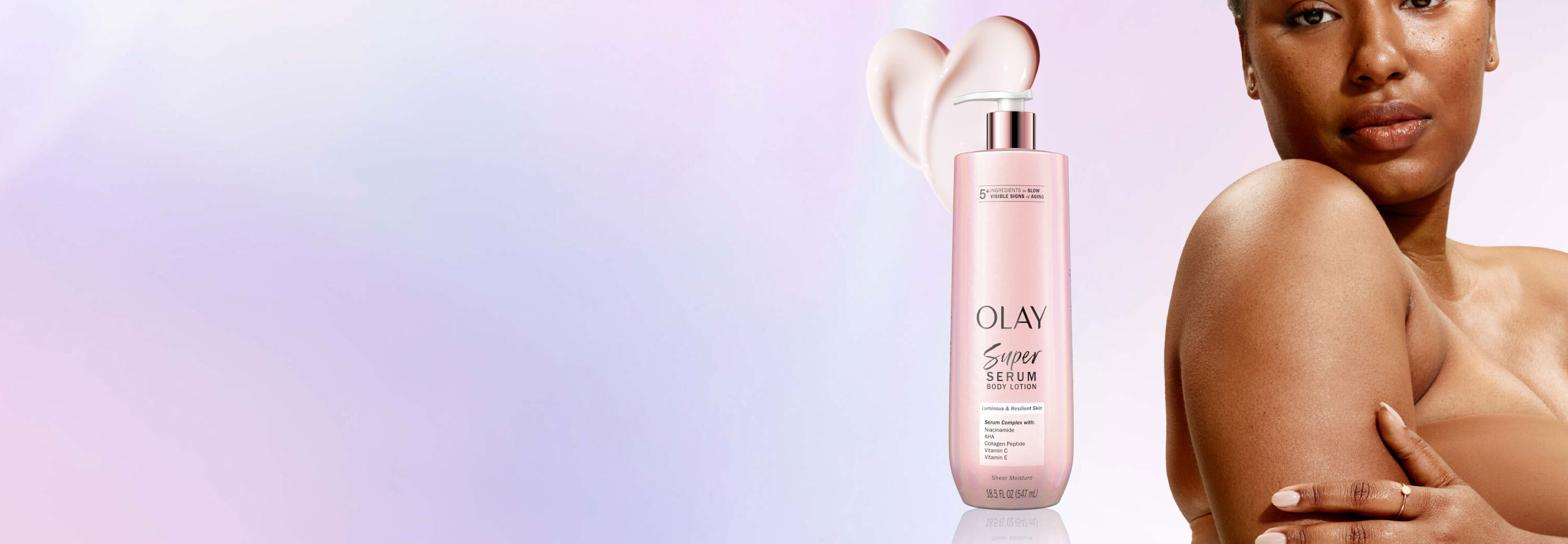 New Olay Super Serum Body Lotion hero banner featuring a woman with glowing skin and a pink bottle of lotion; highlights include hydration, firming, smoothing, brightening, and evening skin tone.