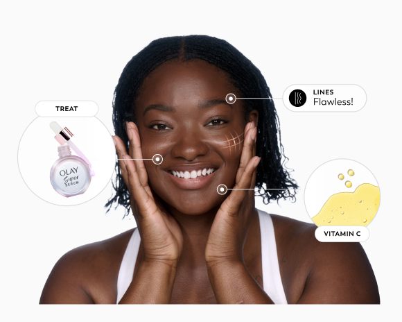 A promotional graphic for Olay's "Skin Advisor," an AI-powered tool that analyzes skin to provide personalized skincare routines, featuring a woman’s face with digital scanning markers and product callouts for treatment and Vitamin C for flawless-looking skin texture.