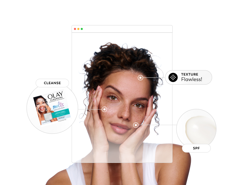 AI skin analysis technology mapping areas on a young woman’s face to assess skin condition and recommend personalized skincare solutions.