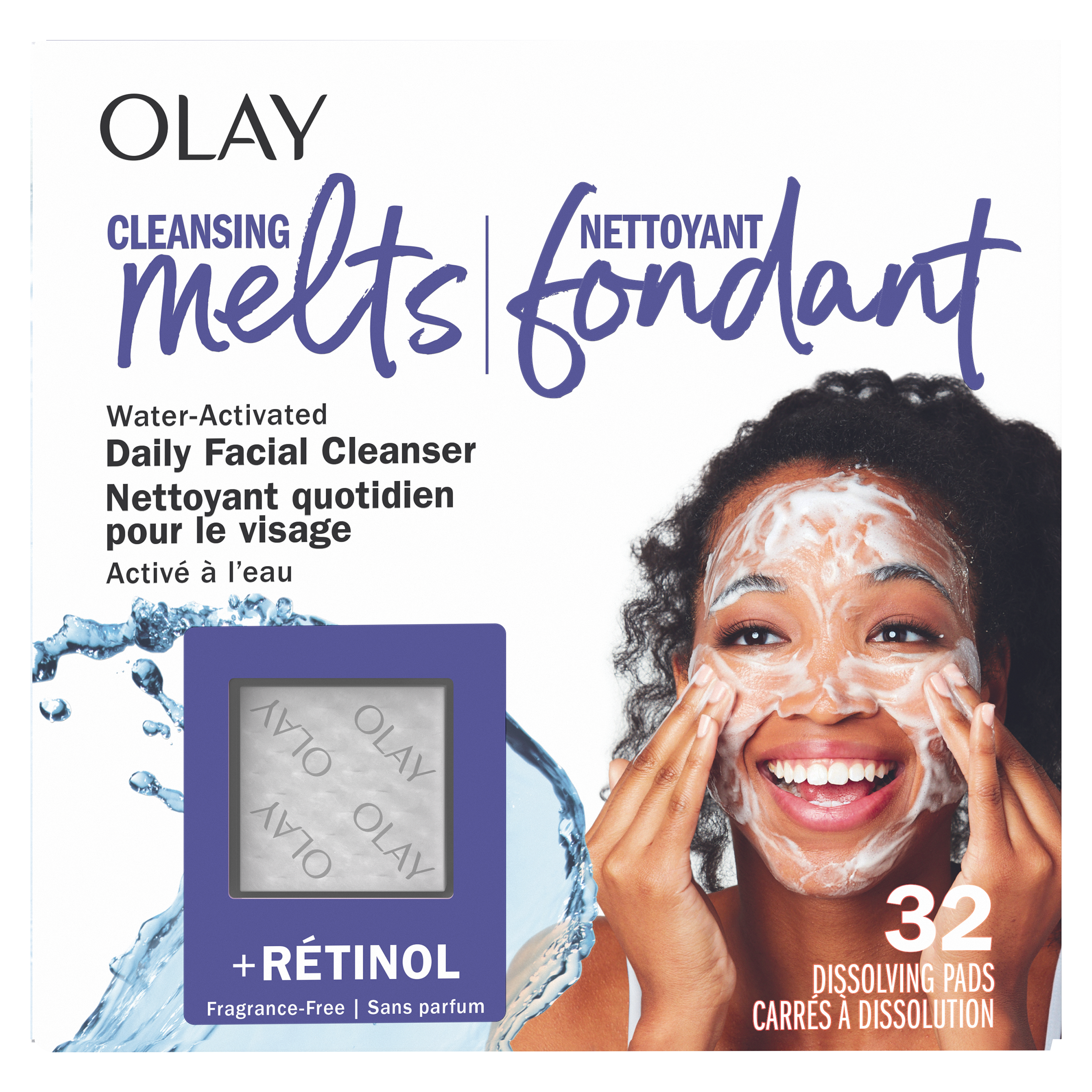 Un paquet de nettoyant fondant Olay avec rétinol