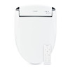 Front view of the Brondell Swash SE600 bidet toilet seat with the lid closed and wireless remote control displayed beside it.