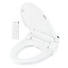 Brondell Swash SE600 bidet toilet seat shown open with its wireless remote control, seat controls, and streamlined white design.