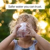 Child drinking a glass of water outdoors beneath the message “Safer water you can trust,” highlighting the Brondell Circle RC100 filtration experience.