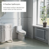 Brondell Swash CL2800 Luxury Bidet Toilet Seat with Remote Control installed in white bathroom with romantic white mirror and vanity.  A green accent plant sits on window sill.  Copy:  A fresher bathroom.  Activated carbon deodorizer traps odors at the source.
