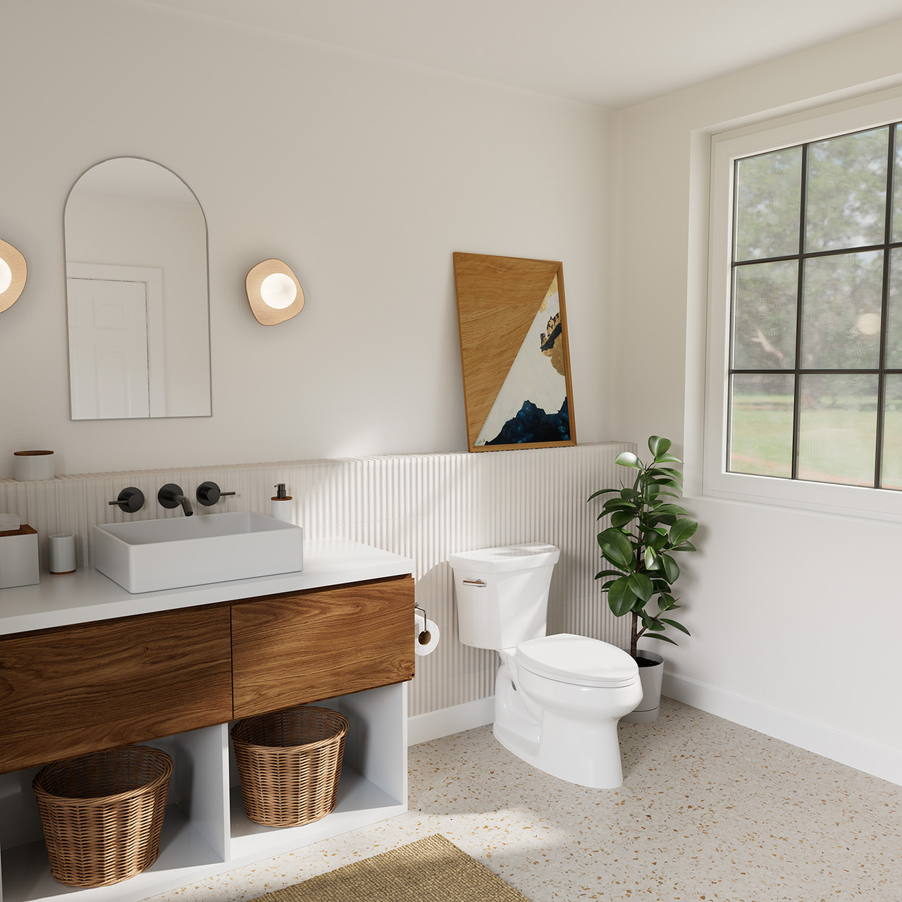 Brondell Halloway Premium Toilet Seat installed on a white toilet in a bright, modern bathroom with a wood vanity and natural light.Character count (kept to your preferred limit, e.g. 175 characters)