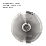 Brondell VivaSpring compact shower filter from a top view.  Copy: reduces heavy metals and free chlorine from shower water