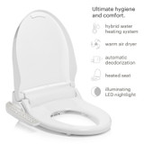 Brondell Swash DR801
Advanced Bidet Toilet Seat with Side Arm Control Left View featuring hybrid water heating system, warm air dryer, automatic deodorizer, heated seat, and illumination LED nightlight