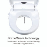 Swash 1000 Luxury Bidet Toilet Seat with visible nozzle. Text highlights NozzleClean+ technology for on-demand, enhanced nozzle cleaning and hygienic wash.