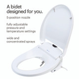 Swash 1000 Luxury Bidet Toilet Seat with open lid. Text highlights 5-position nozzle, adjustable pressure and temperature, and wide or concentrated spray options.