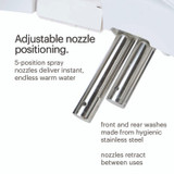 Close-up of Brondell Swash 1000 Swash 1000
Luxury Bidet Toilet Seat with Remote Control dual stainless steel nozzles. Text highlights 5-position adjustable spray, endless warm water, front/rear washes, and retractable design.