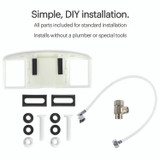Swash 1000 Luxury Bidet Toilet Seat shown with installation parts. Text highlights simple DIY setup with all parts included, no plumber or special tools required.