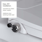 EcoSeat S101 bidet toilet seat close-up showing control knob with FRONT, OFF, REAR settings, clean water inlet, and easy DIY installation—eco-friendly upgrade replacing standard toilet seat EcoSeat S101 bidet toilet seat close-up showing control knob with FRONT, OFF, REAR settings, clean water inlet, and easy DIY installation—eco-friendly upgrade replacing standard toilet seat