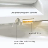 Brondell Swash SE600
Advanced Bidet Seat with remote control warm air dryer close up.  Copy highlights designed for hygienic comfort with retractable, self-cleaning spray nozzle and warm air dryer.
