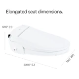 Brondell Swash SE600 elongated bidet seat dimensions: 20.87 inches long, 18.5 inches wide, and 6.10 inches high.