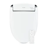 Front view of the Brondell Swash SE600 bidet toilet seat with the lid closed and wireless remote control displayed beside it.
