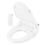 Brondell Swash SE600 bidet toilet seat shown open with its wireless remote control, seat controls, and streamlined white design.