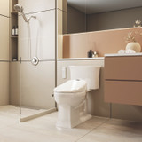 Swash 1400 Luxury Bidet Toilet Seat with Remote Control, shown in a modern beige-toned bathroom with glass shower, vanity, and minimalist decor.