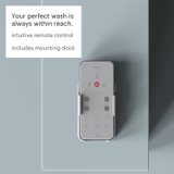 Brondell Swash BL97 Advanced Bidet Toilet Seat with Remote Control with a blue background.  Copy highlights your perfect wash is always within reach with intuitive remote control and mounting dock.