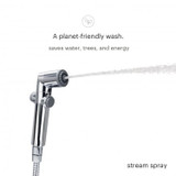 Brondell CleanSpa hand-held bidet sprayer spraying stream spray water.  Copy:  A planet-friendly wash. saves water, trees, and energy