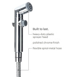 Brondell CleanSpa hand-held bidet sprayer from a side view.  Copy:  Built to last.  heavy-duty plastic sprayer head, polished chrome finish, flexible spiral-metal hose.