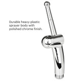 Brondell CleanSpa advanced hand-held bidet sprayer in front of a white background.  Copy:  durable heavy-plastic sprayer body with polished chrome finish.