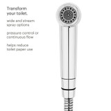 Brondell CleanSpa easy hand-held bidet sprayer from the front view.  copy: Transform your toilet.  wide and stream spray options, pressure control or continuous flow, helps reduce toilet paper use.