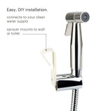 Brondell CleanSpa Luxury Hand Held Bidet Sprayer in Chrome held in holster.  copy: Easy, DIY installation.  connects to your clean water supply.  sprayer mounts to wall or toilet
