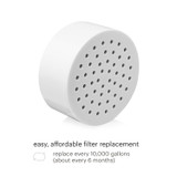 VivaSpring compact shower filter angled right view.  Copy: easy, affordable filter replacement.  Replace filter every 10,000 gallongs (about every 6 months)